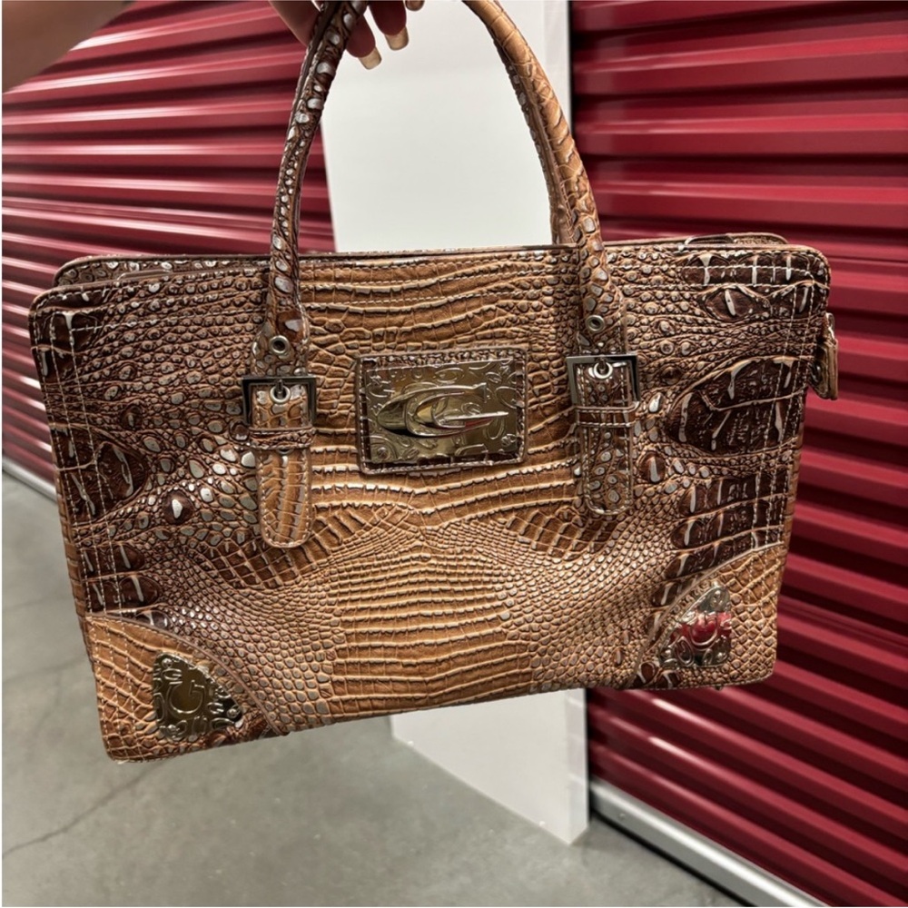 Brown Croc-Embossed Brown Satchel